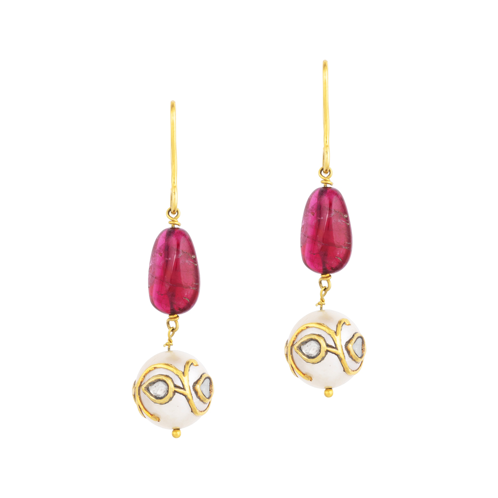 Tourmaline Drop Earrings with Jadau Pearl Bead and Fish Hook